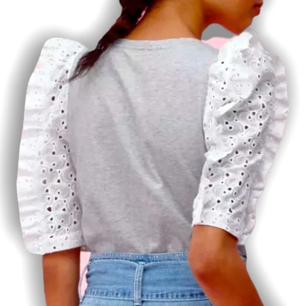 Rebecca Taylor x Anthropologie Papillon Eyelet Lace Med Puff Sleeve Gray Jersey